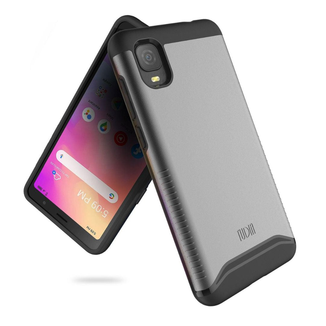 Alcatel TCL A3 phone case in metallic slate color featuring heavy duty dual layer protection and shock absorption
