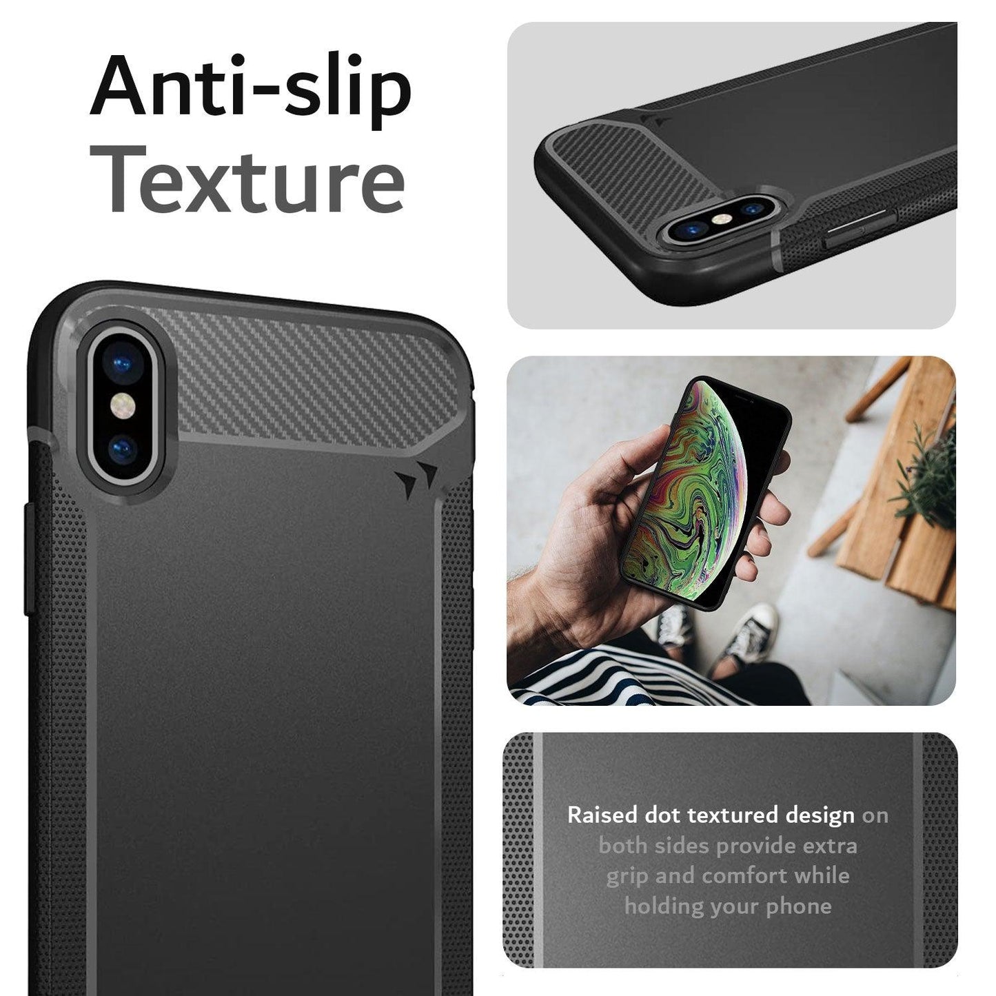 TAMM Carbon Fiber Anti-Slip Grip Case for Apple iPhone X / XS – Slim Shockproof Protective Cover with Textured Finish