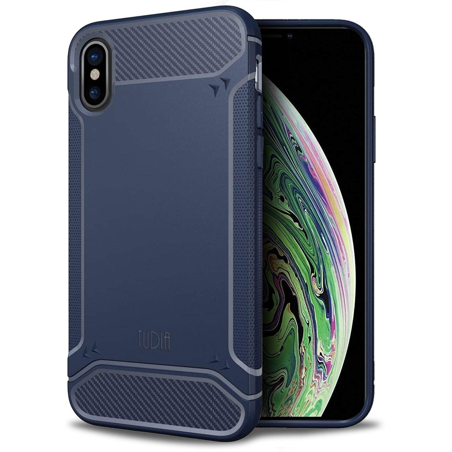 Apple iPhone X XS case with navy blue TAMM carbon fiber grip, slim shockproof protective cover for iPhone X and XS models