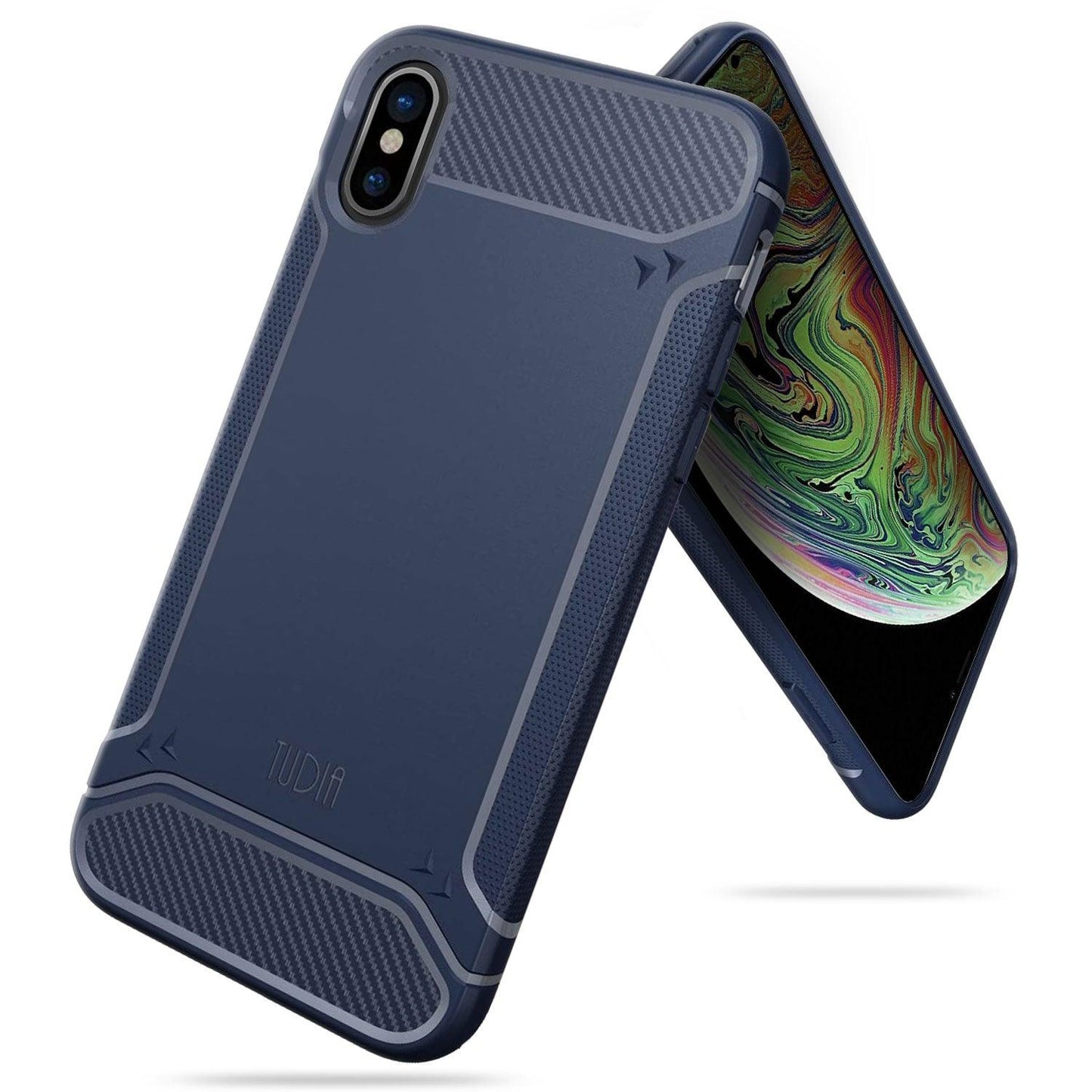 Apple iPhone X XS case with TAMM carbon fiber grip in navy blue, slim shockproof protective cover for iPhone X and XS