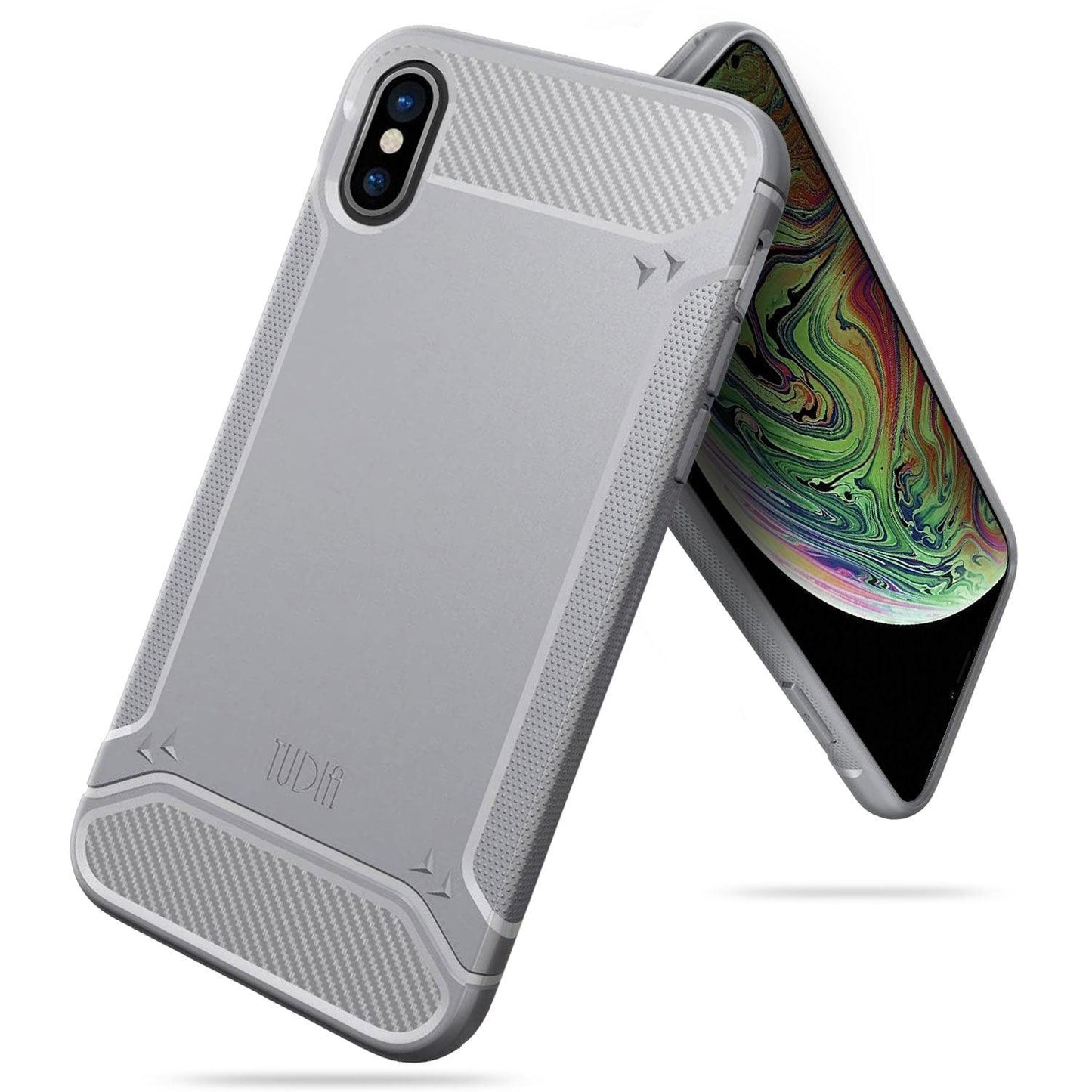 Apple iPhone X XS case with TAMM carbon fiber gray grip, slim shockproof protective cover, durable anti-slip phone case