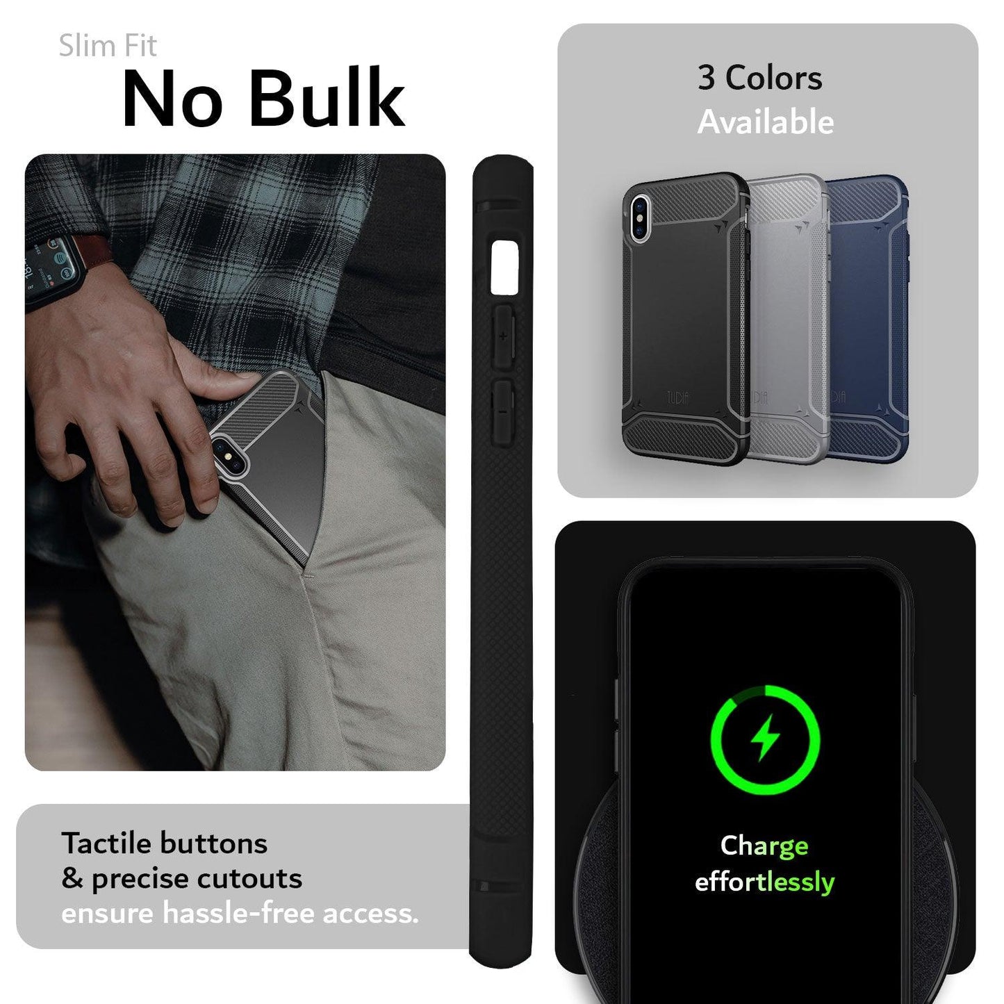 TAMM Carbon Fiber Grip Case for Apple iPhone X / XS – Slim, Wireless Charging Friendly Protective Cover with Enhanced Grip