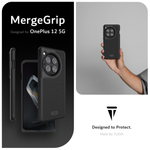 MergeGrip Designed for OnePlus 12. Designed to Protect. Made by TUDIA.   Images include a person holding up the OnePlus 12 equipped with the Black Phone Case. 