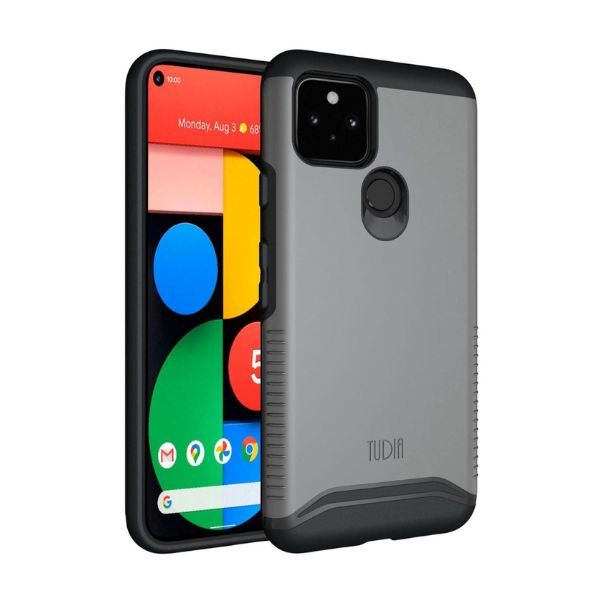 Google Pixel 5 MERGE heavy duty dual layer phone case in metallic slate color, shockproof and durable protective cover