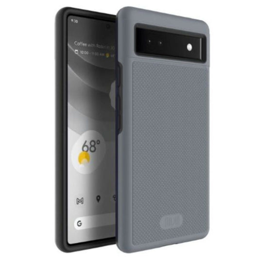 Google Pixel 6a phone case in gray color, TUDIA MergeGrip DualShield heavy duty protective cover with shock absorption and slim fit design