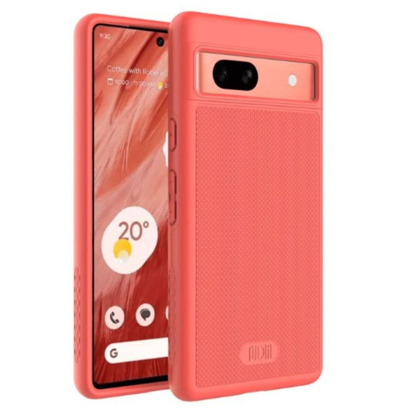 Coral-colored TUDIA MergeGrip case for Google Pixel 7a with built-in magnetic mount and slim protective design