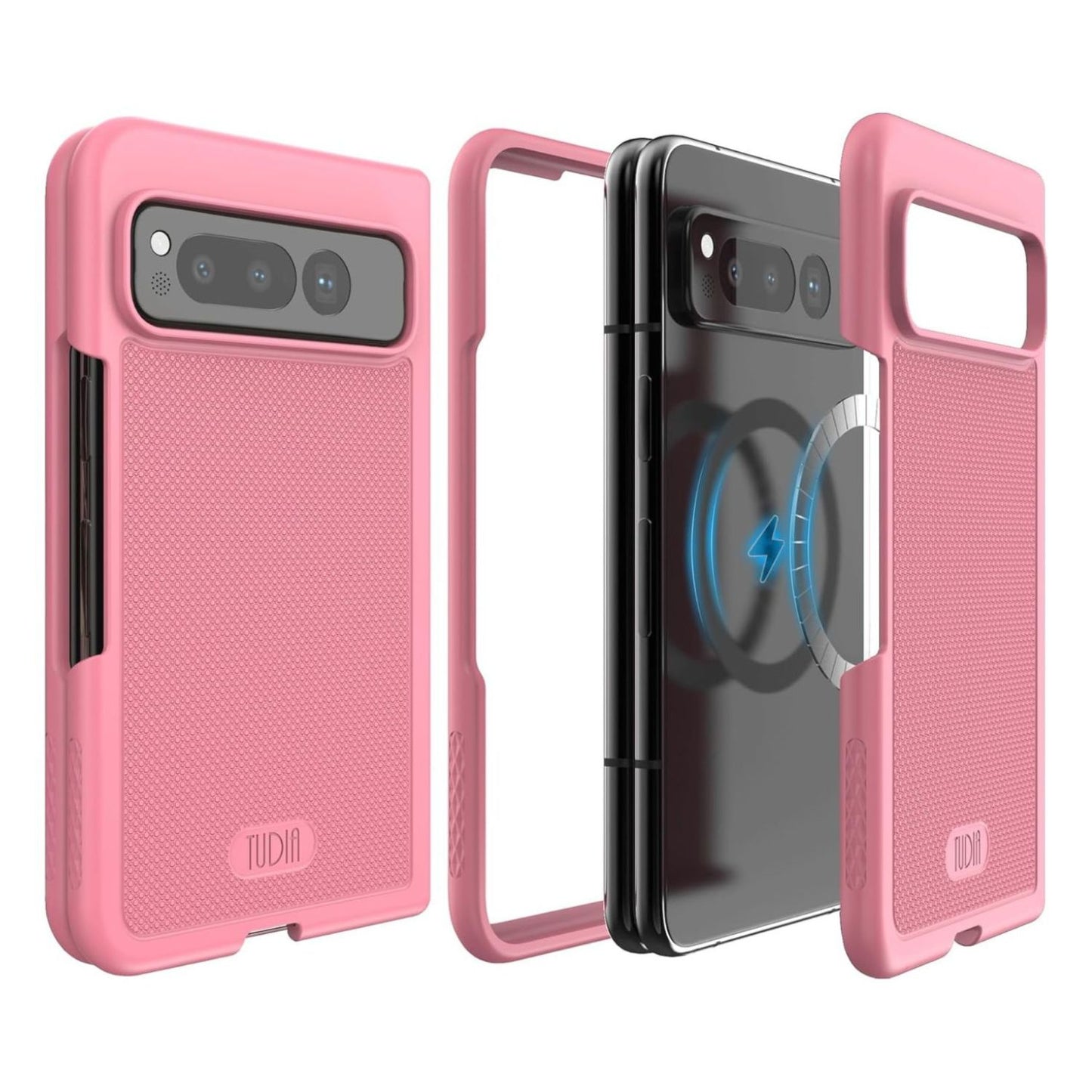 Google Pixel Fold phone case in smokey pink color, MagSafe compatible MergeGrip case with built-in magnet for secure wireless charging and drop protection