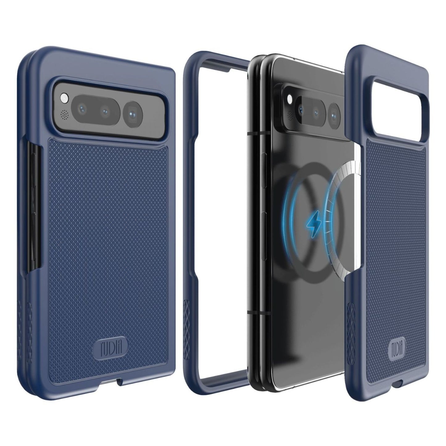 Google Pixel Fold case in indigo blue with built-in MagSafe-compatible magnet by TUDIA MergeGrip, slim and durable protective phone cover