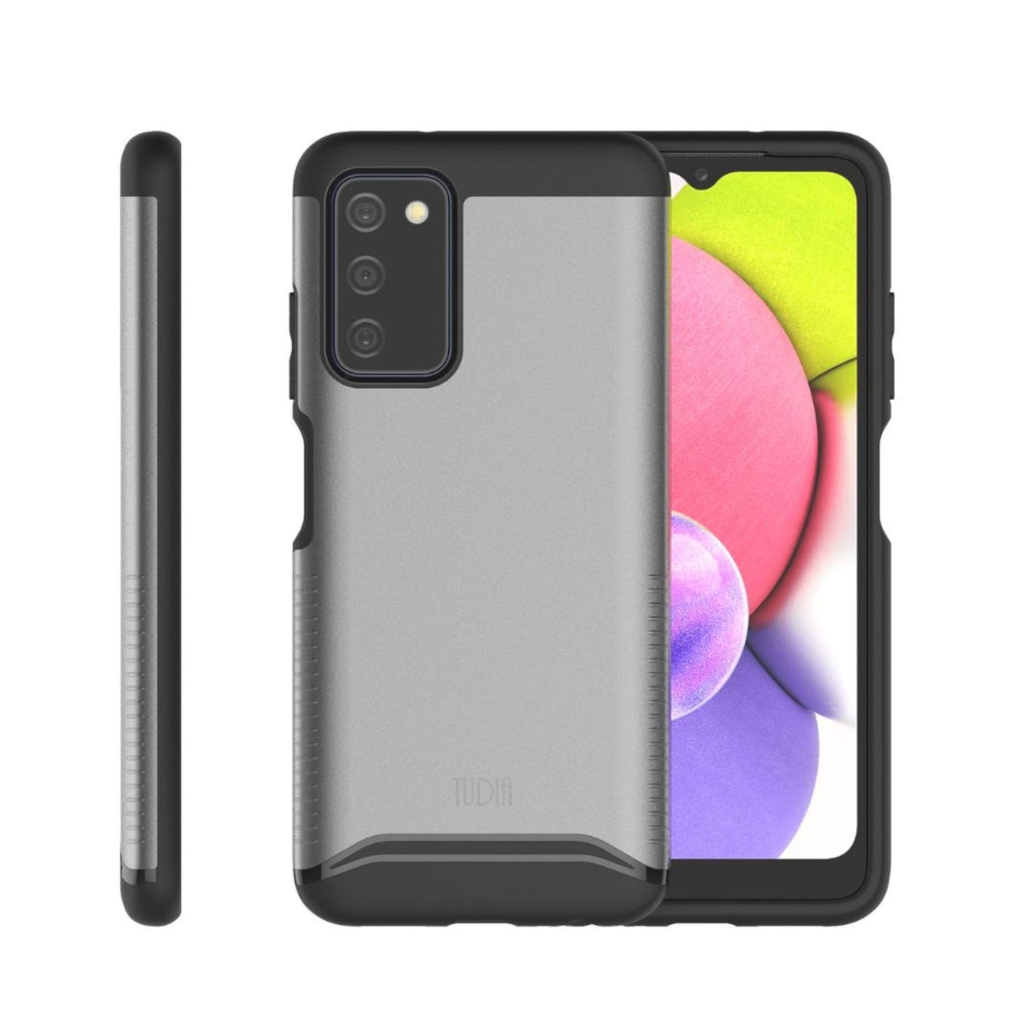 Samsung Galaxy A03S case in metallic slate color, dual-layer heavy-duty shockproof phone cover with rugged protection