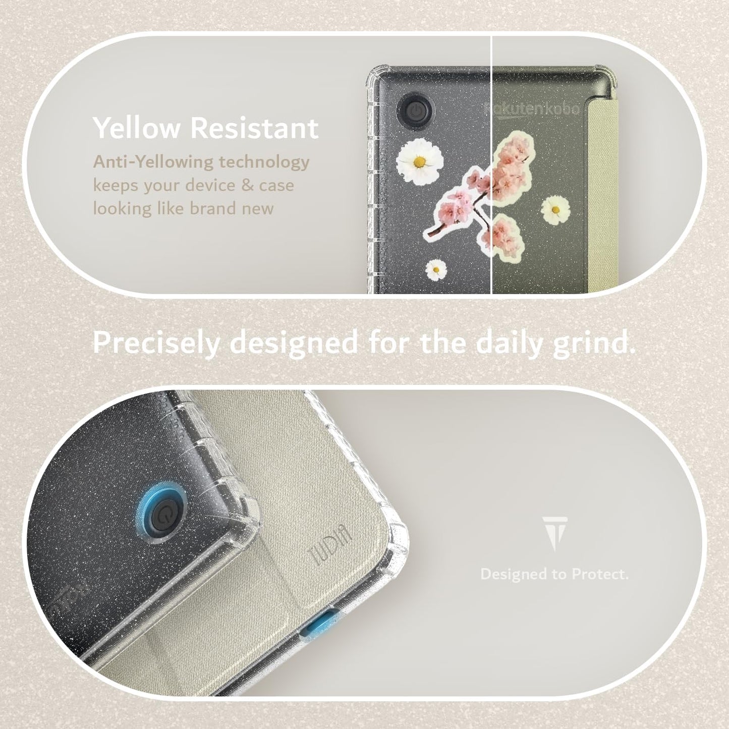 Yellow translucent flip case for Kobo Clara 2024 BW and Colour e-reader, lightweight thin TPU protective cover, durable and resistant
