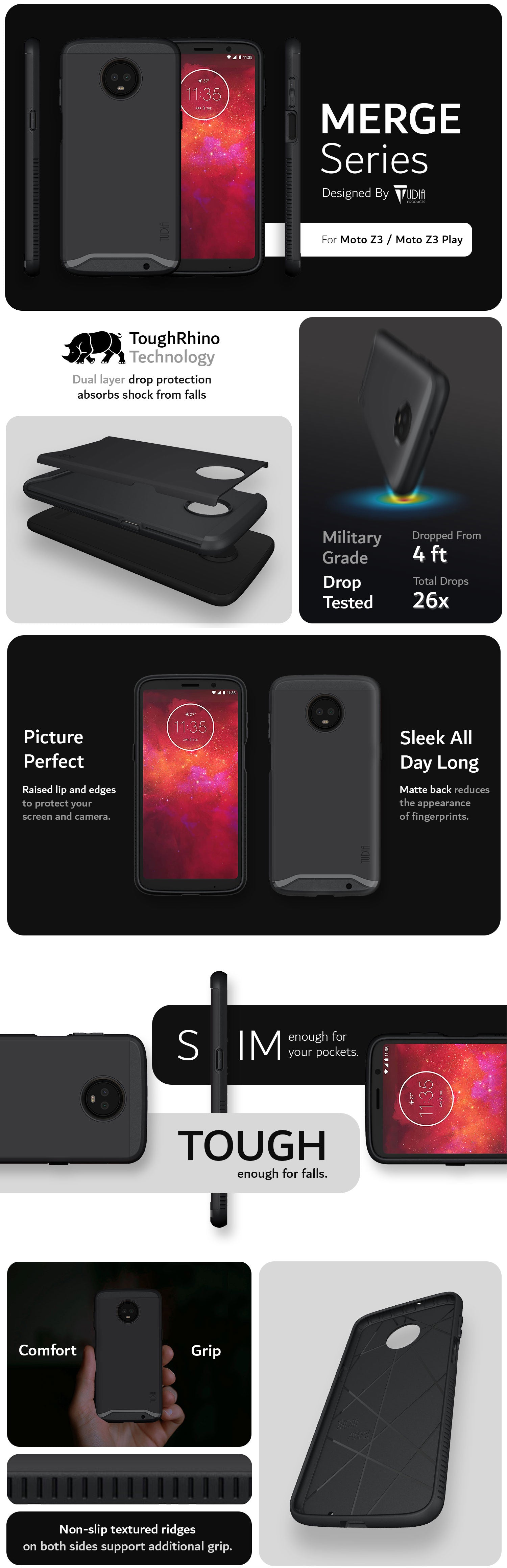 TUDIA Motorola Moto Z3 / Moto Z3 Play MERGE Series Military Grade Dual Layer Heavy Duty Case