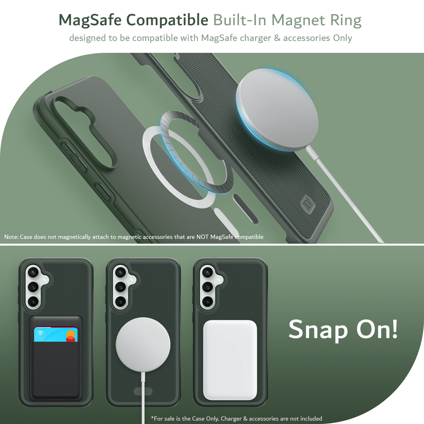 Pine Green MergeGrip case for Samsung Galaxy S23 FE with built-in magnet ring, MagSafe charger and accessory compatible
