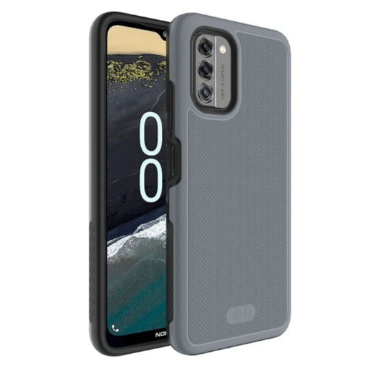 Gray MergeGrip Heavy Duty DualShield case for Nokia G400 5G featuring durable dual-layer protection, textured anti-slip grip, raised edges for screen and camera defense, and shock-absorbing corners for superior drop protection