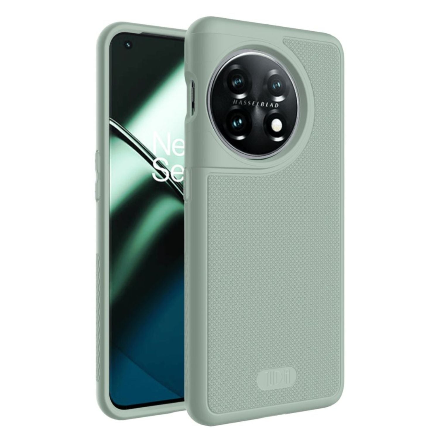 Green Lily MergeGrip Heavy Duty DualShield case for OnePlus 11 featuring dual-layer protection, non-slip textured grip, raised edges for camera and screen defense, and shockproof corner design