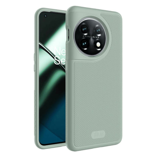 Green Lily MergeGrip Heavy Duty DualShield case for OnePlus 11 featuring dual-layer protection, non-slip textured grip, raised edges for camera and screen defense, and shockproof corner design