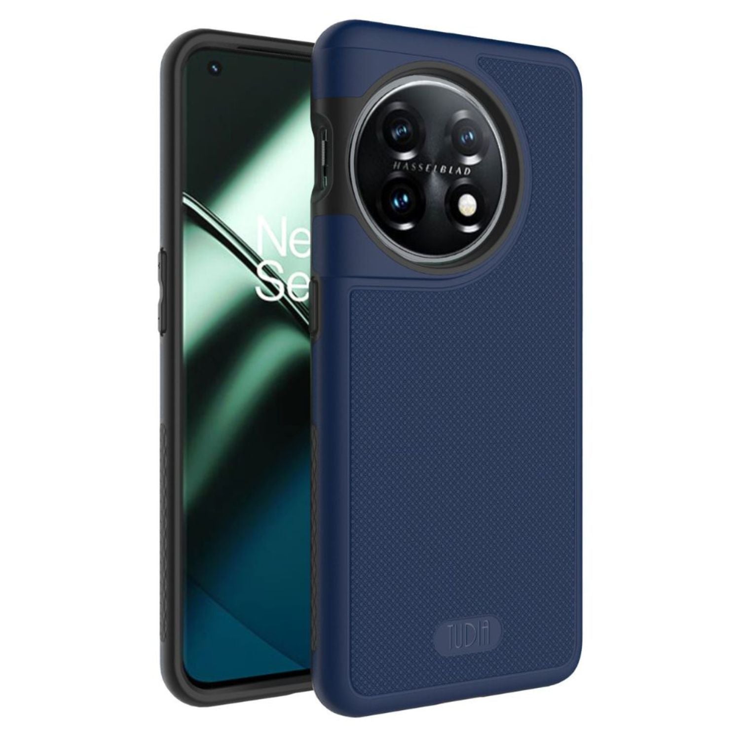 Indigo Blue MergeGrip Heavy Duty DualShield case for OnePlus 11 with rugged dual-layer construction, textured grip design, raised edges for screen and camera protection, and shockproof corner defense