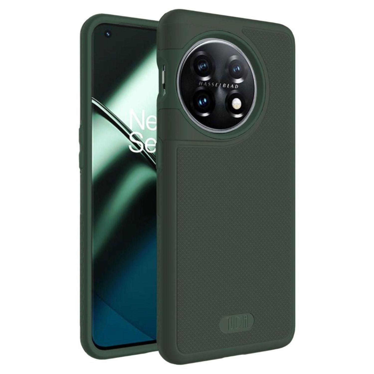 Pine Green MergeGrip Heavy Duty DualShield case for OnePlus 11 featuring durable dual-layer protection, anti-slip textured grip, raised edges for camera and screen protection, and shock-absorbing corners