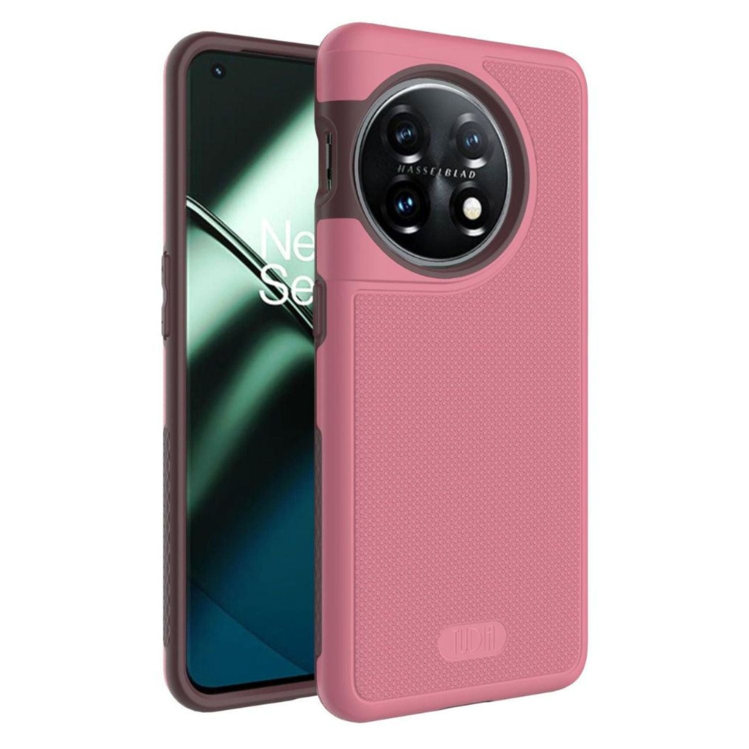 Smokey Pink MergeGrip Heavy Duty DualShield case for OnePlus 11 with dual-layer protection, textured anti-slip grip, raised bezels for screen and camera defense, and shock-absorbing corners