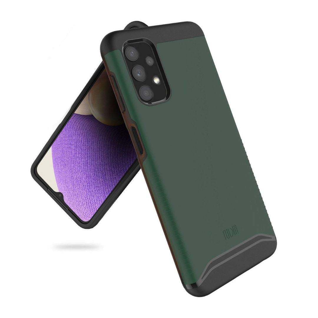 Samsung Galaxy A32 5G case MERGE heavy duty dual layer protective cover in hunter green color, shockproof and durable phone case