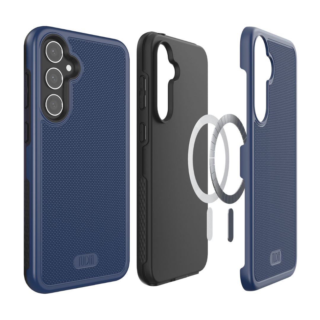 Samsung Galaxy S23 FE phone case in indigo blue by MergeGrip, featuring built-in magnet for MagSafe compatibility, slim protective wireless charging case
