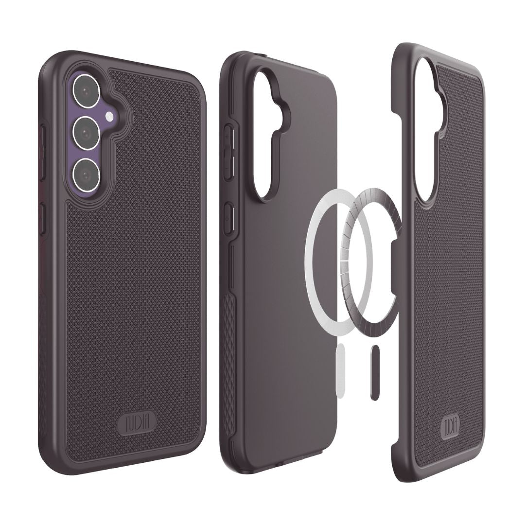 Samsung Galaxy S23 FE phone case in dark purple with built-in magnet for MagSafe compatibility, MergeGrip slim protective cover