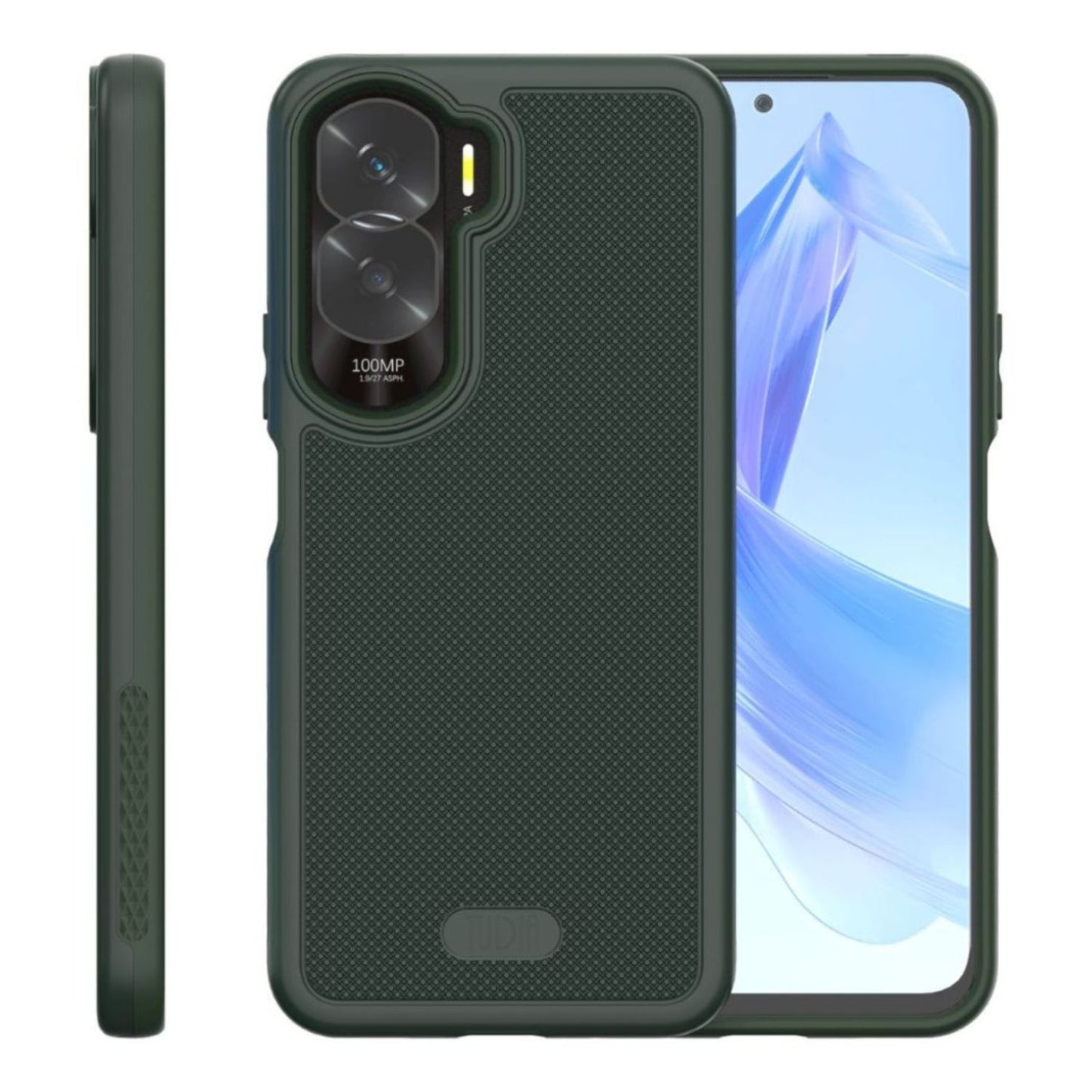 Samsung Galaxy S24 Ultra phone case in pine green with MergeGrip slim protective design and built-in magnetic mount, featuring durable shock-absorbent material and precise cutouts