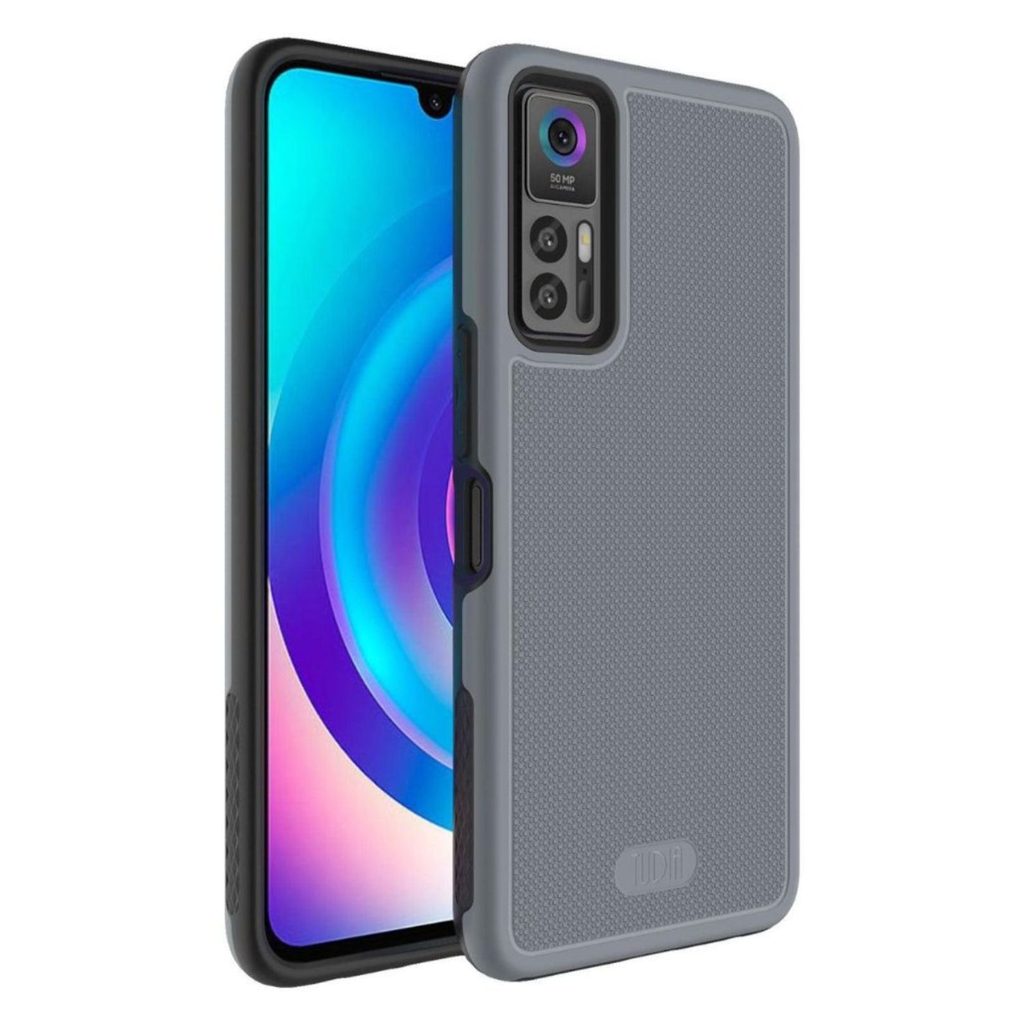 Gray heavy duty MergeGrip DualShield protective phone case for TCL 30 5G, TCL 30, and TCL 30+ 2022 model