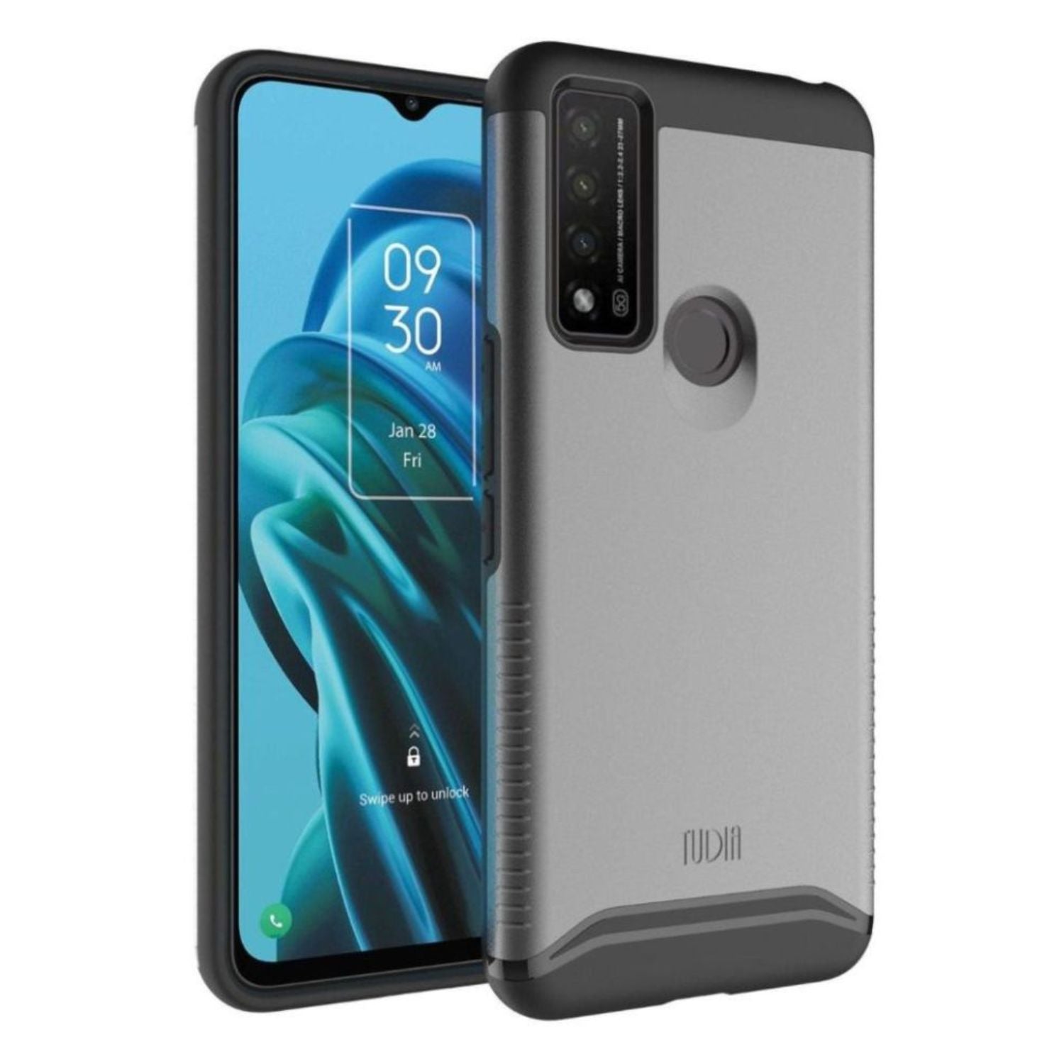 TCL 30 XE 5G phone case in metallic slate color, heavy duty dual layer protective cover with shock absorption