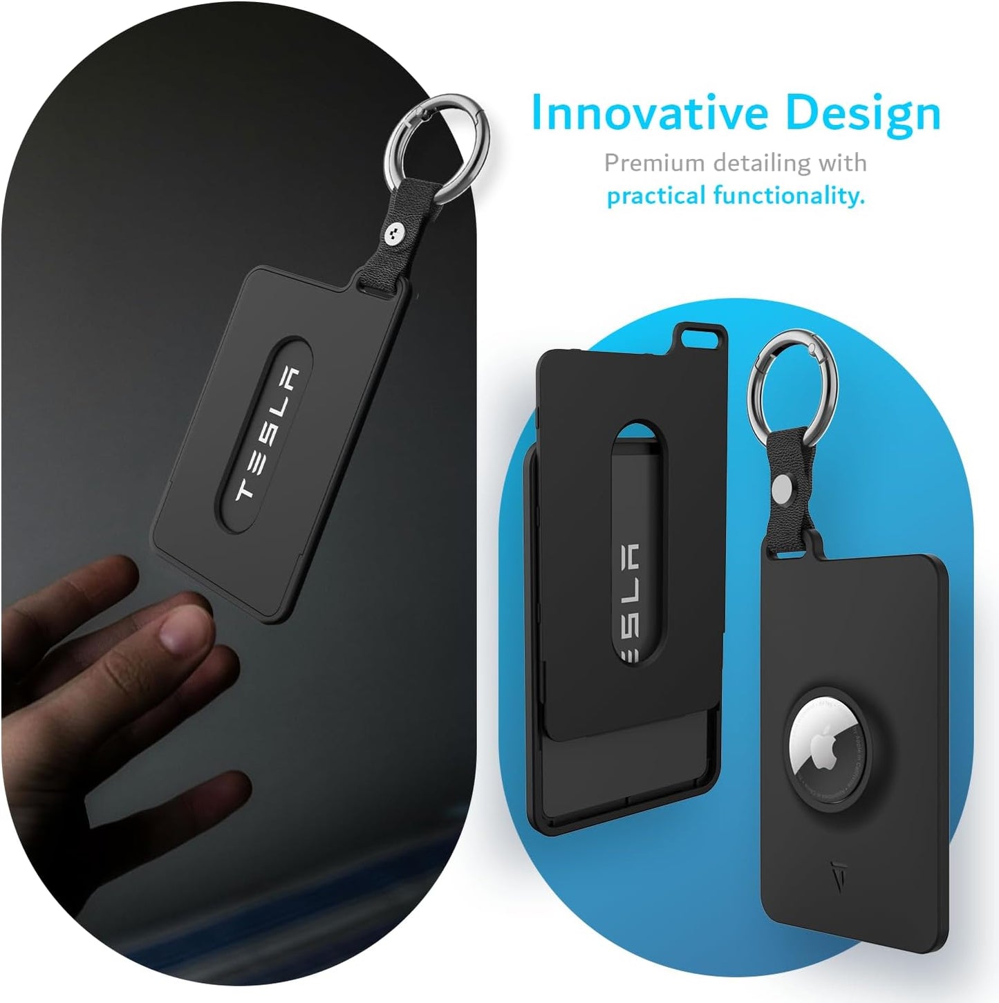 Two-piece TUDIA Tesla Key Card Holder Case with AirTag Slot for Models 3, Y, S, X, and Cybertruck
