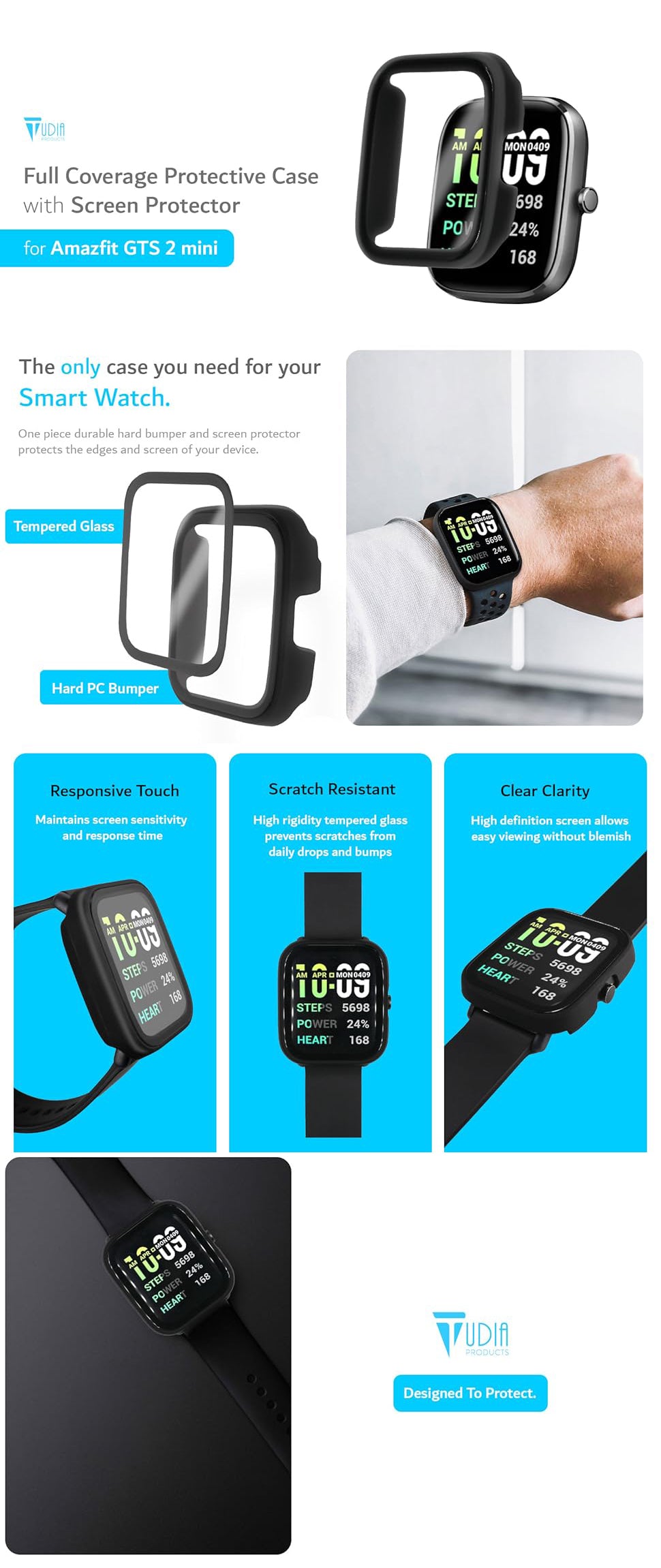 TUDIA Full Coverage Protective Case with Built-in Screen Protector for Amazfit GTS 2 Mini Smart Watch – Slim, Durable, and Scratch-Resistant Design