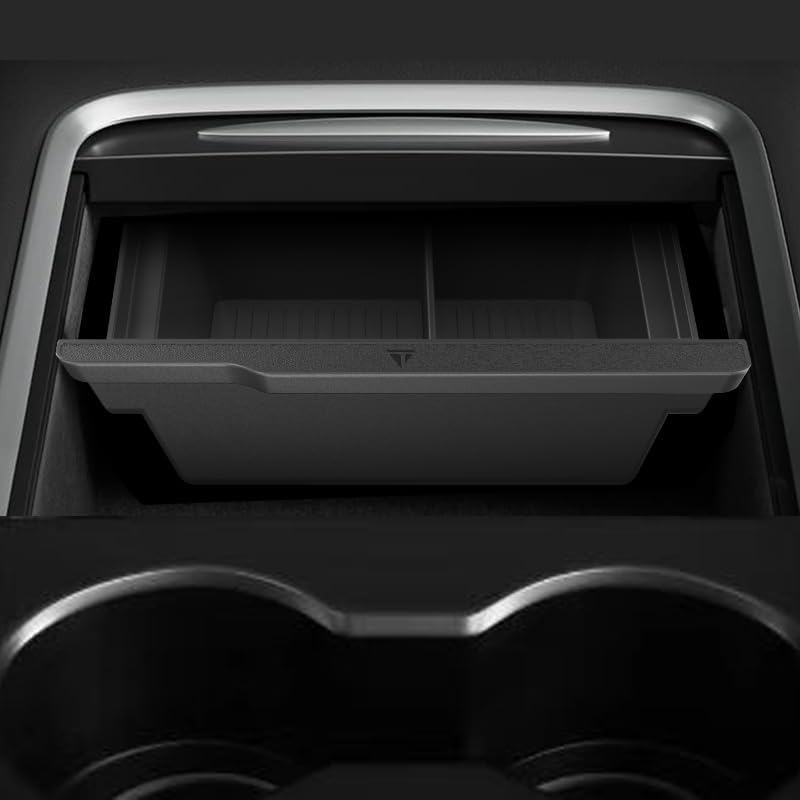 Center Console Organizer Tray for Tesla Model Y (2025), featuring a smooth slide design and silicone interior for enhanced storage and organization - TUDIA Products