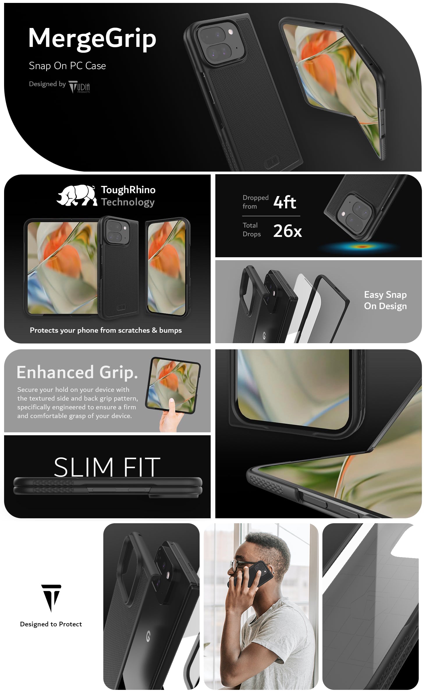 TUDIA MergeGrip Snap-On PC Case for Pixel 9 Pro Fold – Slim Fit, MagSafe Compatible, Heavy Duty Dual-Layer Protection