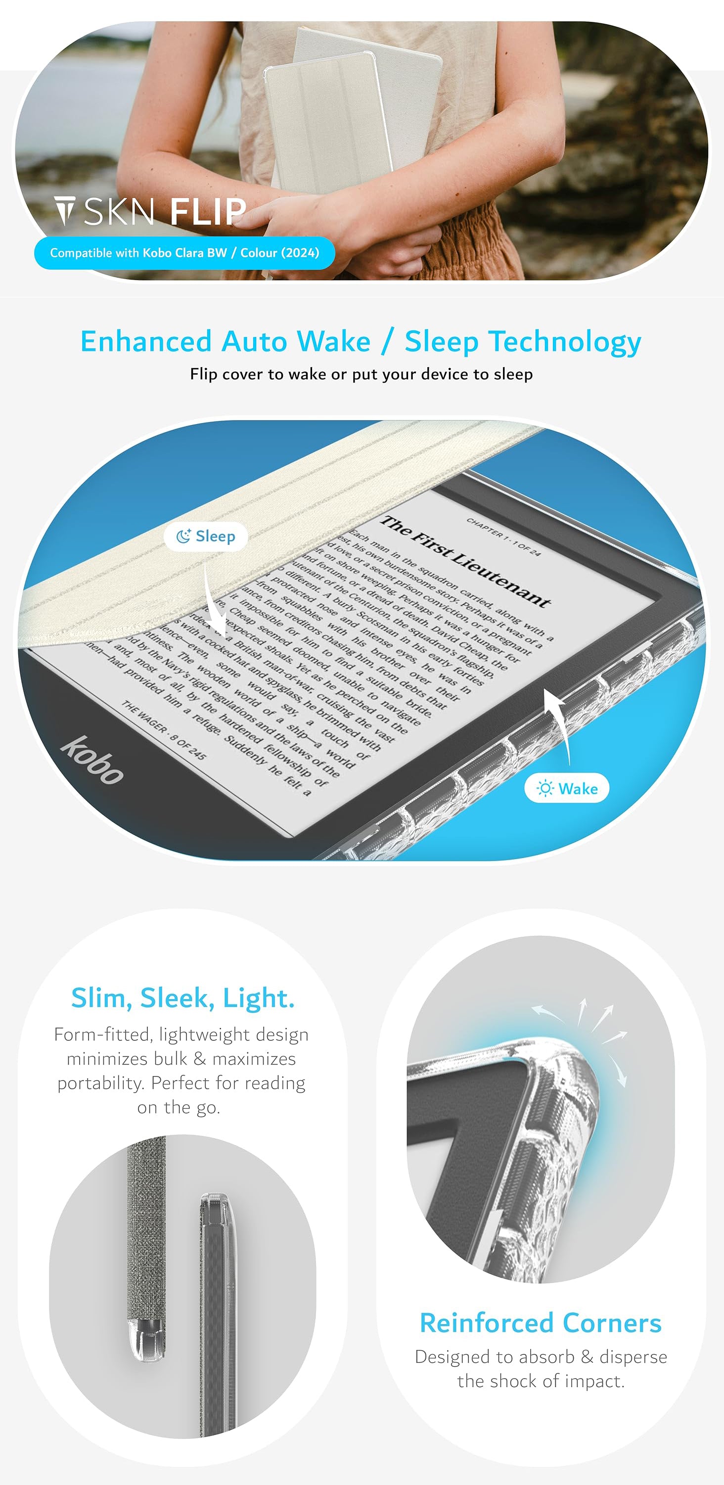 TUDIA SKN Flip Case for Kobo Clara BW/Colour (2024) – Transparent TPU Back with Leather Trifold Cover