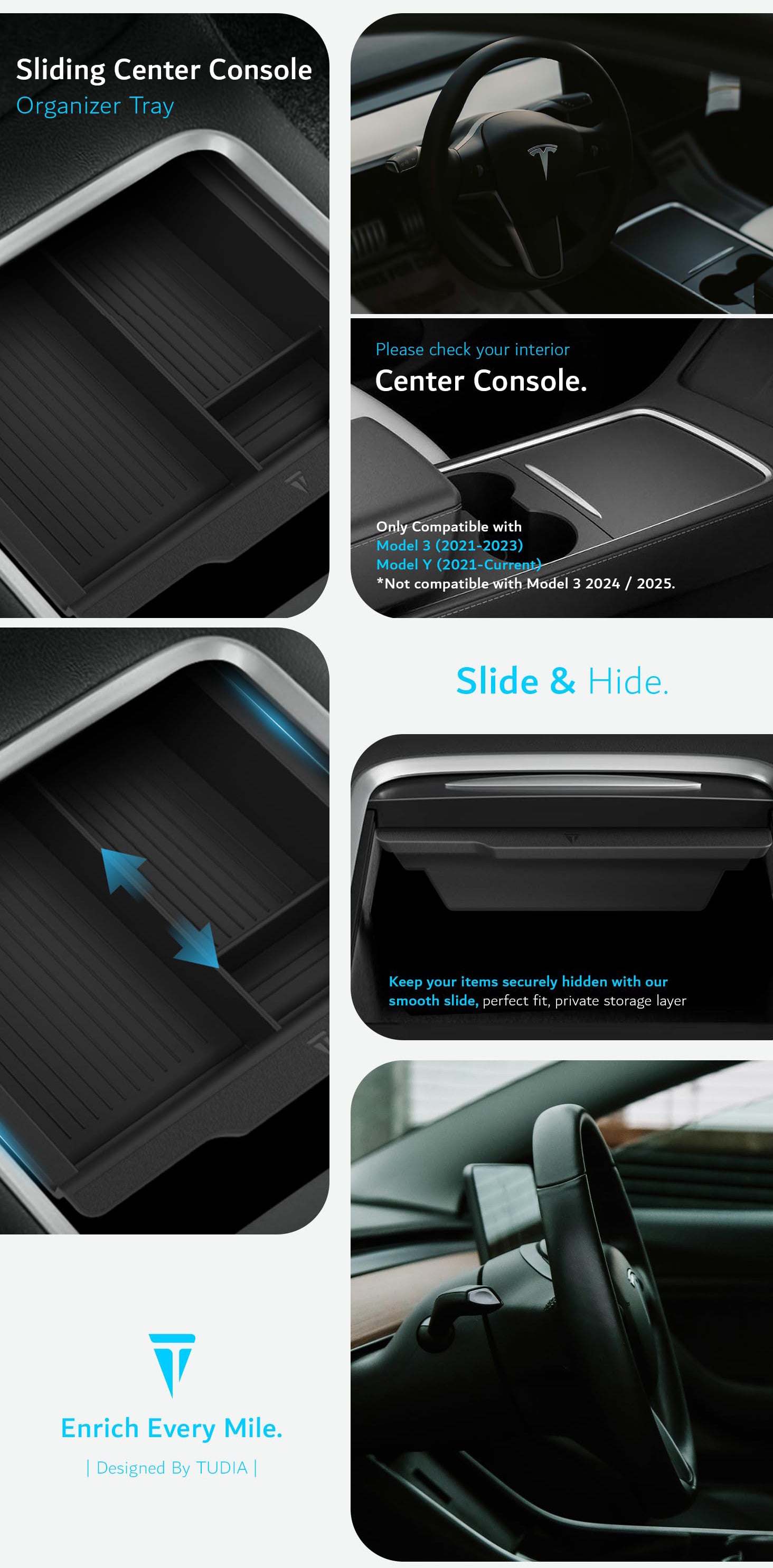 Tesla Sliding Center Console Organizer Tray – Custom Fit, Durable Storage Solution - TUDIA Products