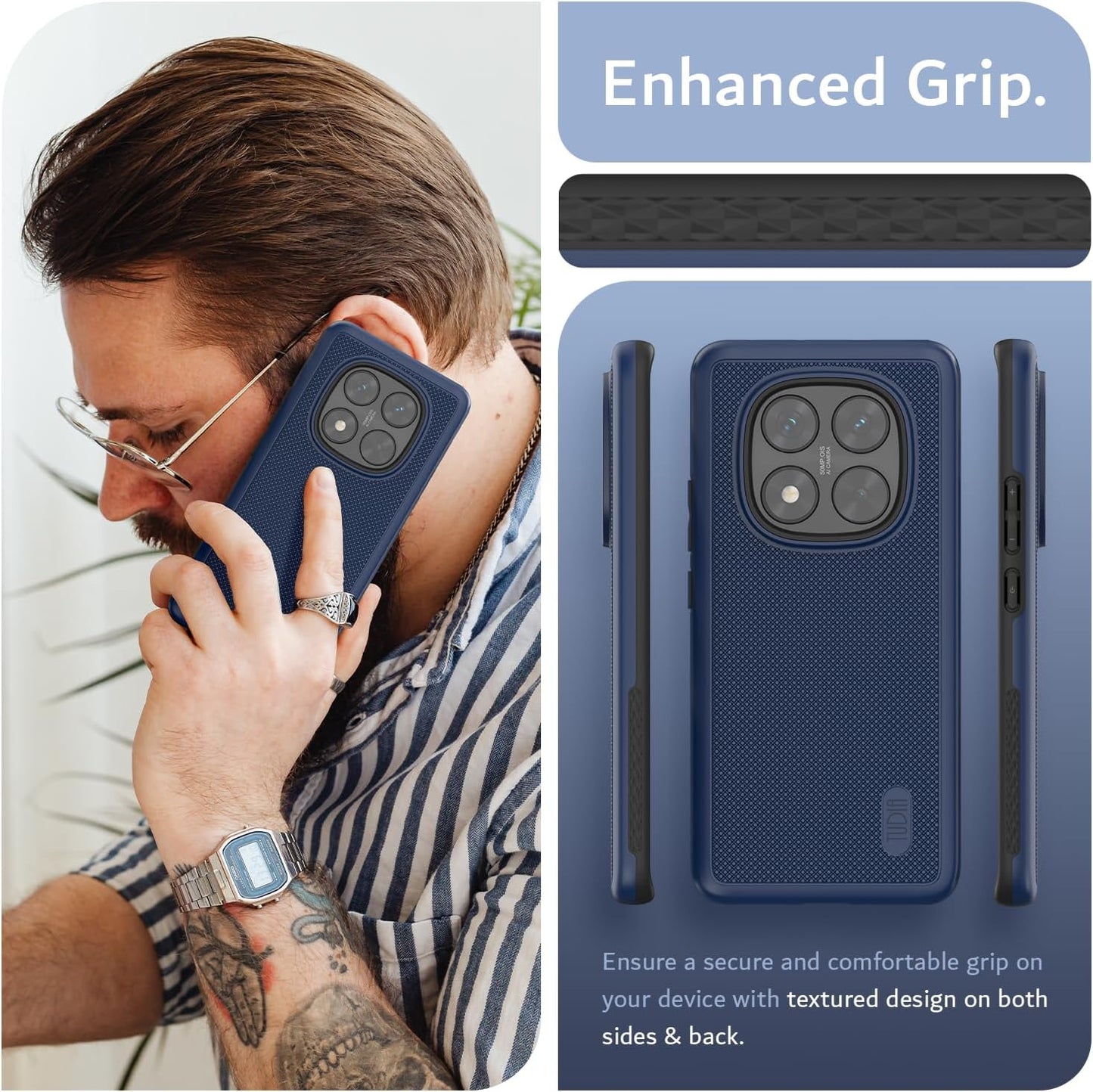 TUDIA Indigo Blue MergeGrip Case for Xiaomi Redmi Note 14 Pro 5G – Raised Edge, Military Grade Drop Tested, Enhanced Grip