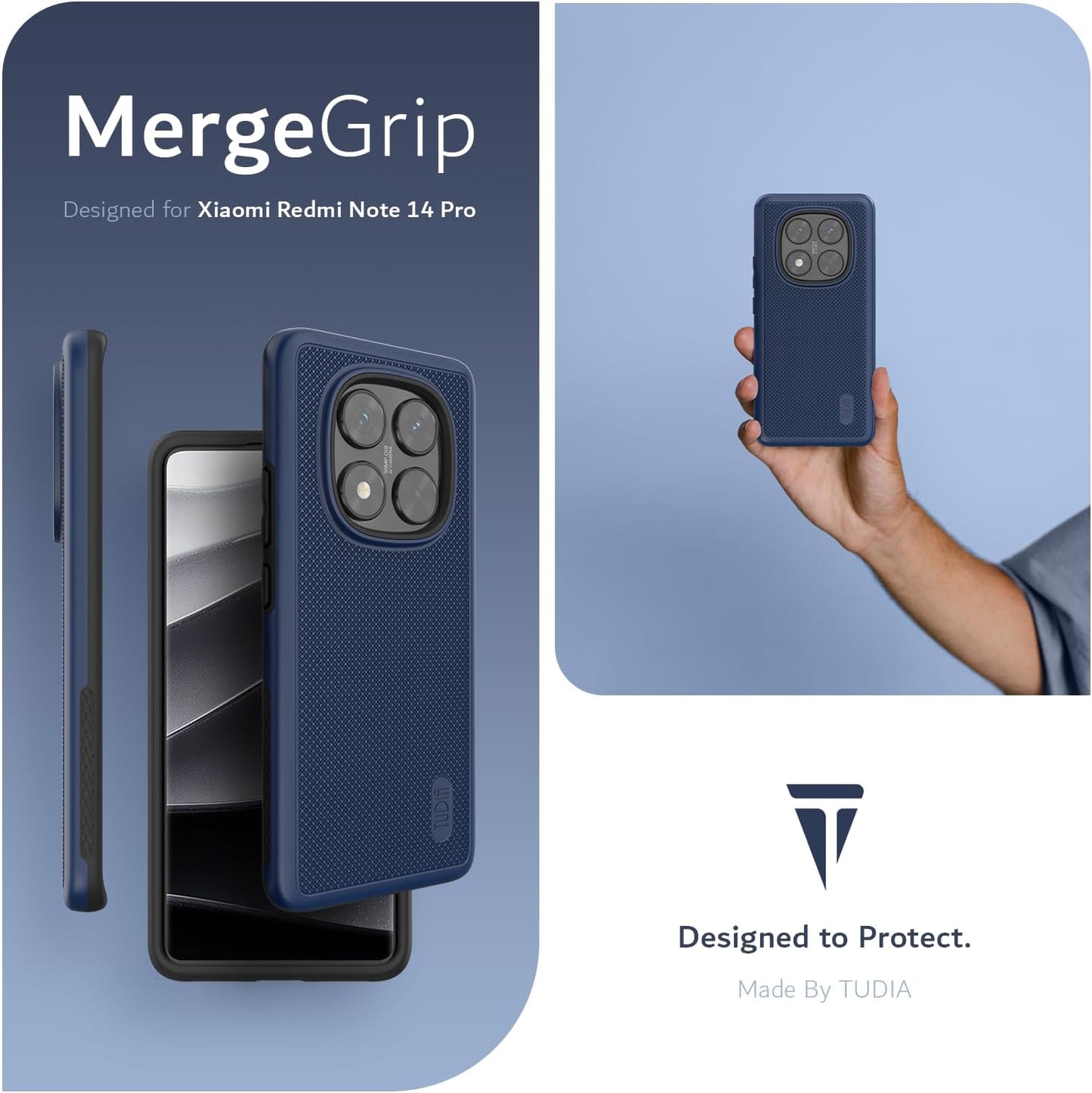 TUDIA Indigo Blue MergeGrip Case for Xiaomi Redmi Note 14 Pro 5G – Raised Edge, Military Grade Drop Tested, Enhanced Grip
