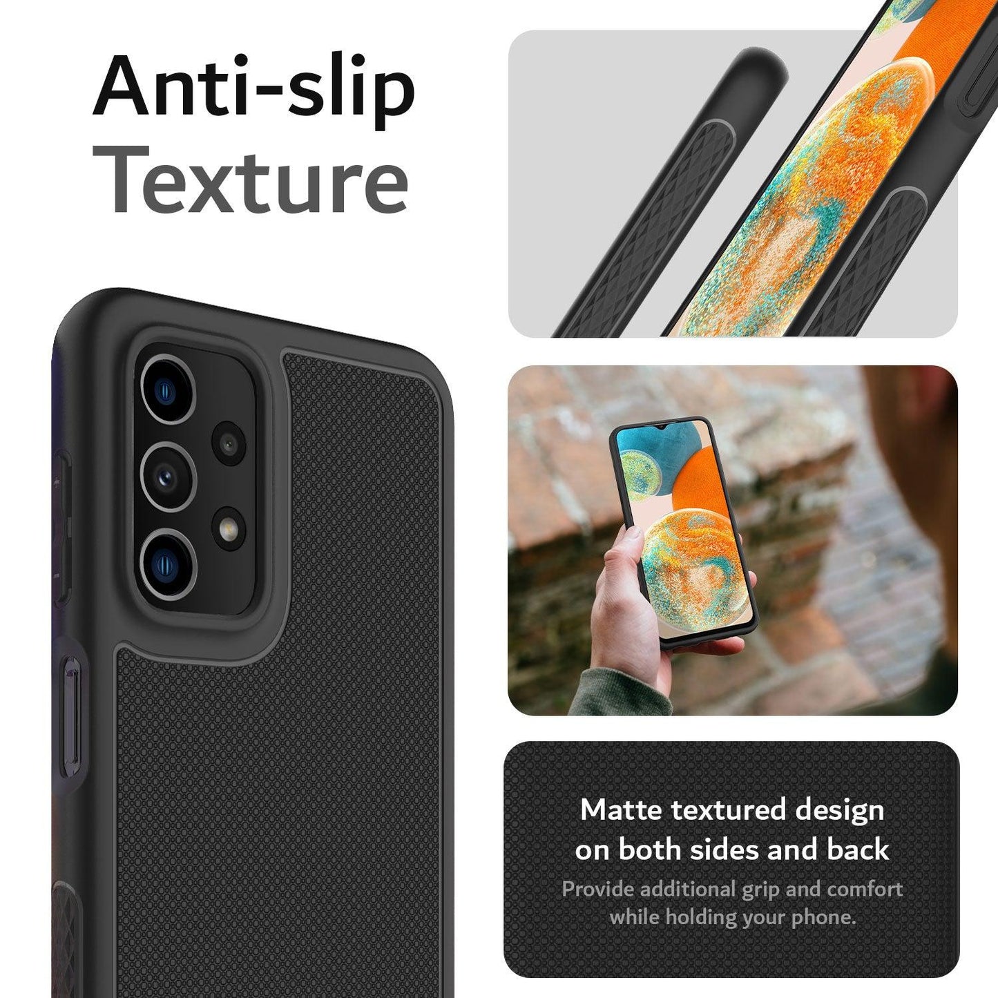 Close-up of LINNGrip ultra slim non-slip case for Samsung Galaxy A23 5G / 4G LTE – textured grip and slim fit protective phone cover