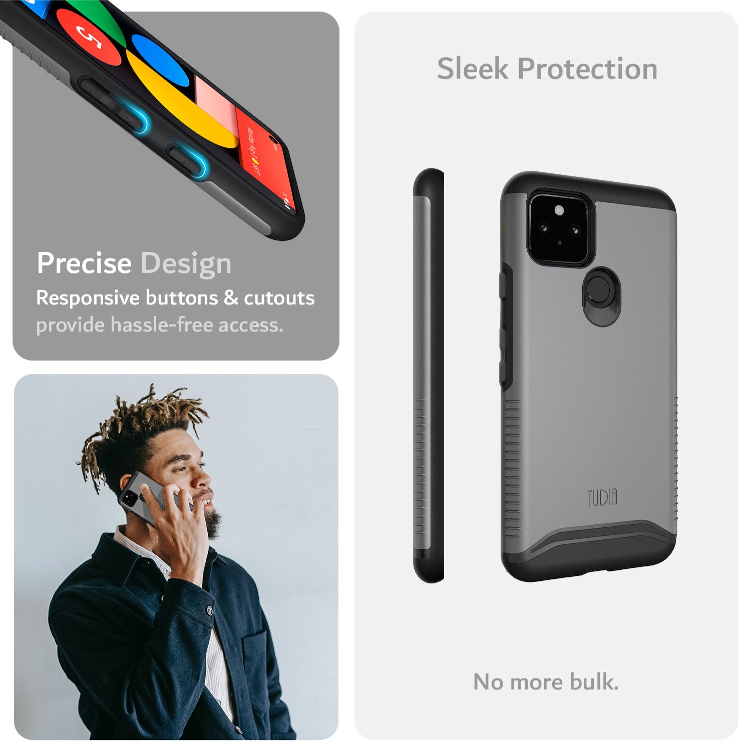 TUDIA Google Pixel 5 MERGE black case with heavy duty dual-layer protection, shockproof cover featuring precise design and responsive button cutouts