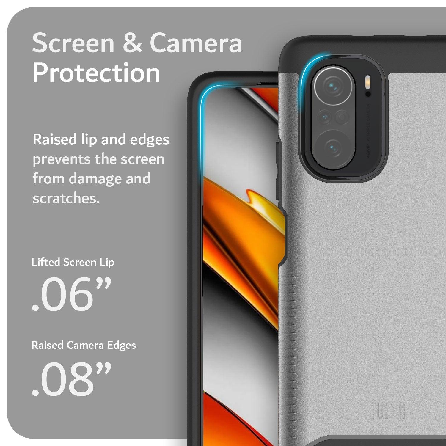 TUDIA Merge heavy duty black case for Xiaomi Poco F3 with dual-layer shockproof design and raised edges for screen and camera protection