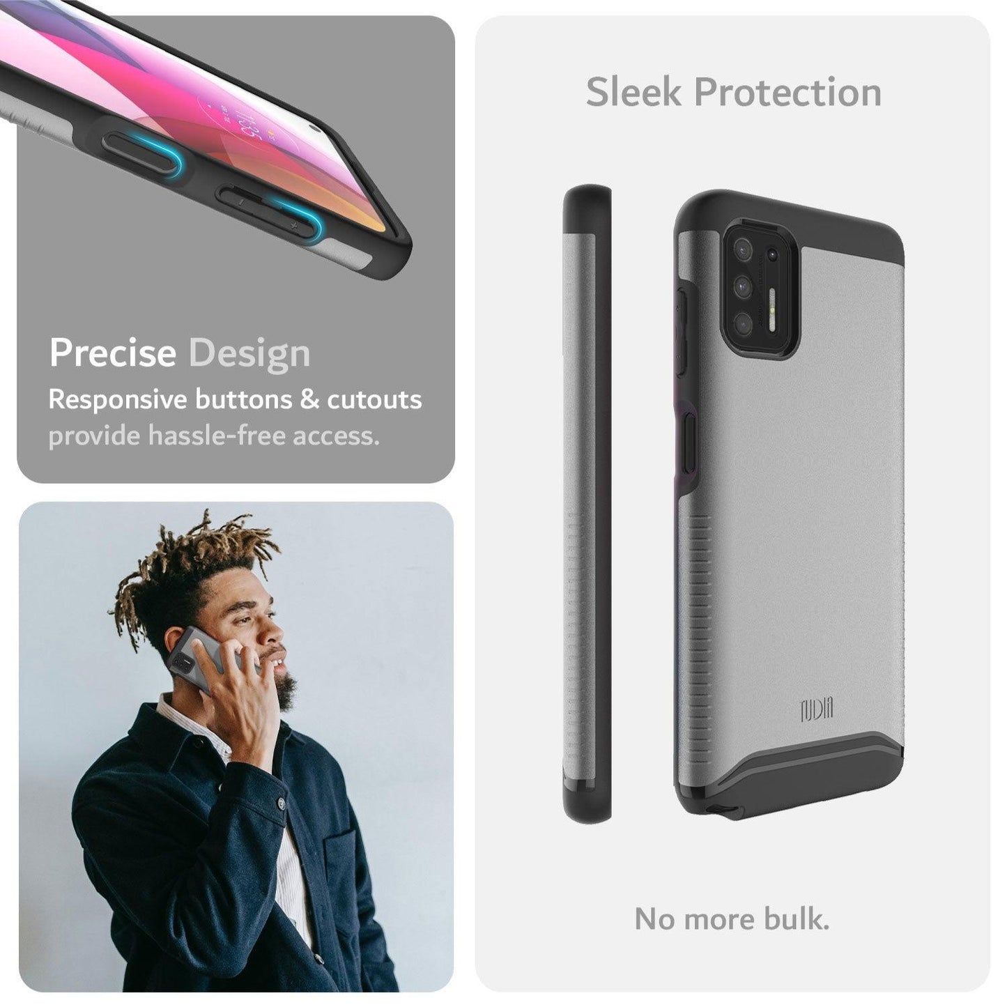 TUDIA Moto G Stylus (2021) MERGE case in black, heavy duty dual-layer design with precise cutouts and responsive buttons for rugged protection