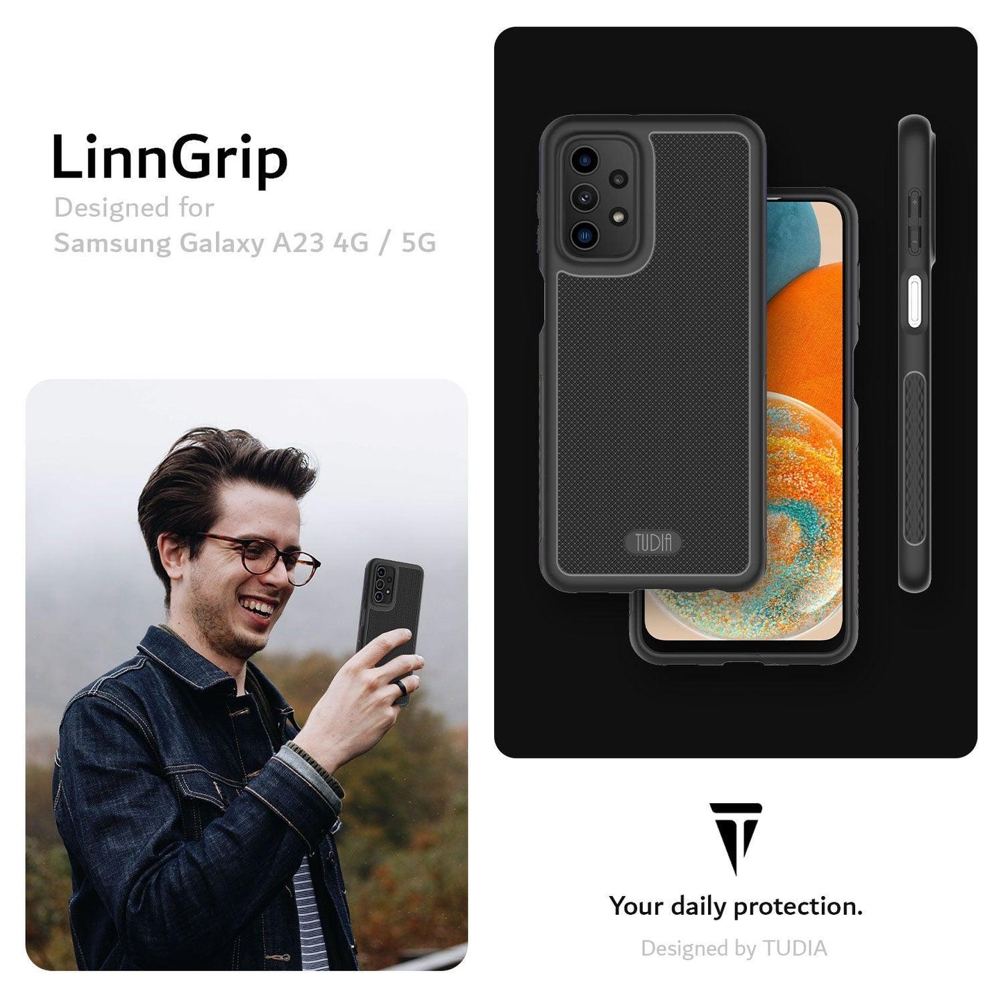 TUDIA LINNGrip Series Black Case for Samsung Galaxy A23 5G / 4G – Ultra Slim Non-Slip Protective Cover
