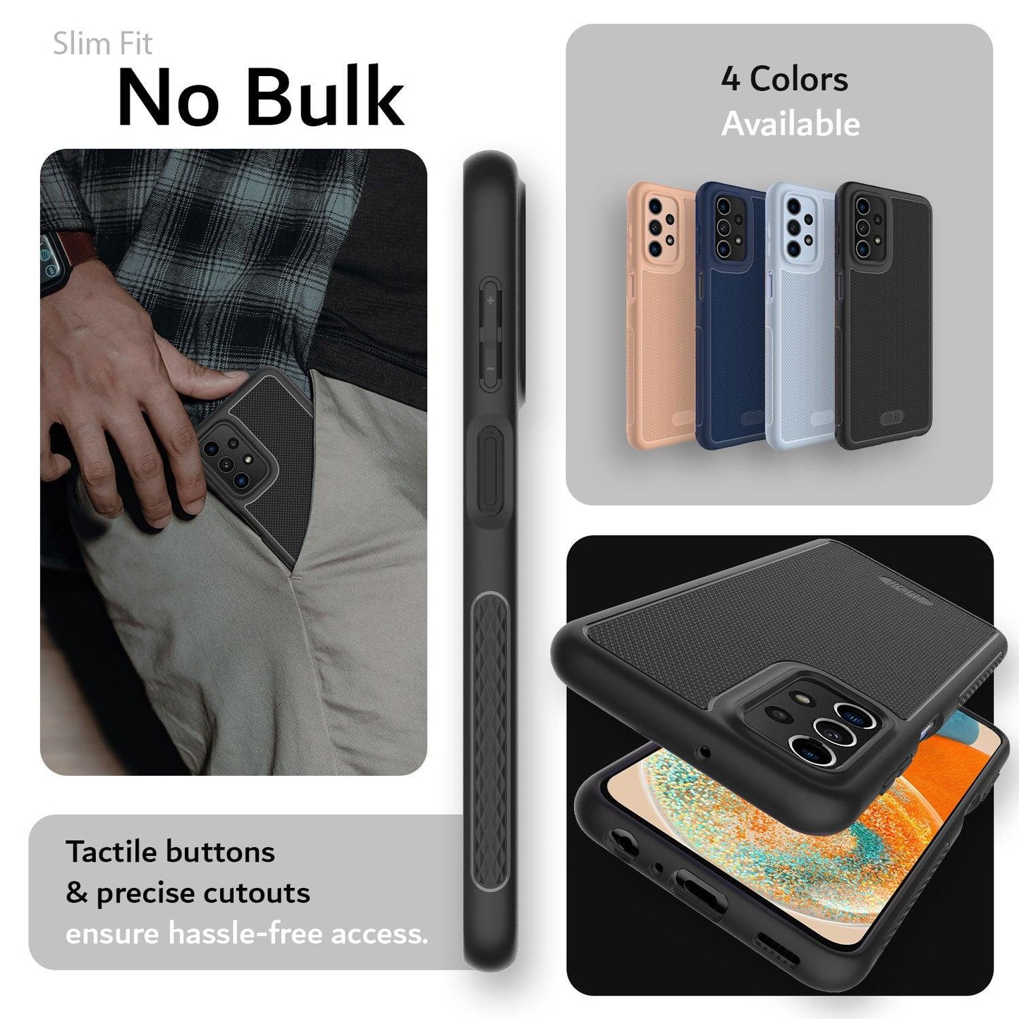 TUDIA LINNGrip Series Black Case for Samsung Galaxy A23 5G / 4G – Ultra Slim, Non-Slip, Tactile Buttons, and Precise Cutouts