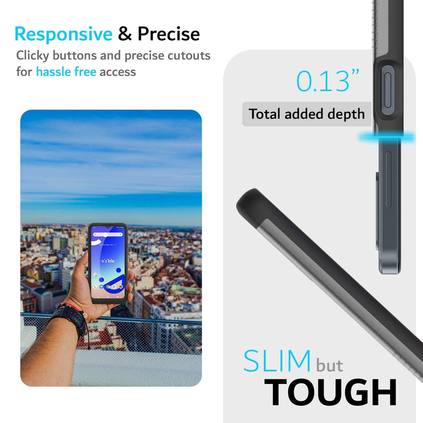 Visible Midnight MERGE heavy duty dual layer phone case featuring responsive and precise clicky buttons, shock-absorbing design, and exact cutouts for ports and camera