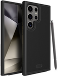 Image of TUDIA MergeGrip Phone Case for Samsung Galaxy S24 Ultra in solid black. The dual-layer design combines a soft TPU inner layer with a hard polycarbonate outer shell for robust protection. The case features a grippy texture on the exterior and enhanced grip textures on the sides. Tactile and clicky buttons are covered, and precise cut-outs for the camera ensure unobstructed functionality. Elevate both style and protection with this sleek black phone case.