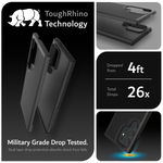 Black  TUDIA MergeGrip case for Samsung Galaxy S24 Ultra with ToughRhino Technology. Military Grade Drop Tested, offering dual-layer protection that absorbs shock from falls. Dropped from 4ft a total of 26 times, the case features a shock-absorbing tough design for optimal impact defense.