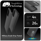 Features Image 1 - Matte Black - Tough Rhino Technology. Military Grade Drop Tested. Dropped from 4ft. Dropped 26 times total. Dual Layer drop protection absorbs shock from falls. 