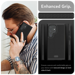 Image featuring a man on the left side talking on the phone while showcasing a black phone case for Samsung Galaxy S24 Ultra. On the right, a close-up reveals the case's 'Enhanced Grip,' highlighting its textured surface. In the bottom right, the text emphasizes the secure and comfortable grip provided by the textured design on both sides and back of the case.