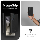 MergeGrip Designed for Galaxy S24 Ultra. Designed to Protect. Made by TUDIA.  Images include a person holding up the Galaxy S24 Ultra equipped with the Black Phone Case.