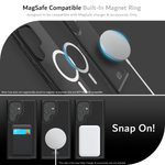 Top Image: Dual-layered case featuring a MagSafe Compatible Built-In Magnet Ring designed for use with MagSafe charger and accessories. Note: This case does not magnetically attach to accessories that are NOT MagSafe compatible.  Bottom Image: Samsung Galaxy S24 Ultra with Matte Black TUDIA MergeGrip case showcasing Snap On! compatibility with MagSafe accessories including wallet, charger, and power banks. Please note that the sale includes the case only; charger and accessories not included.