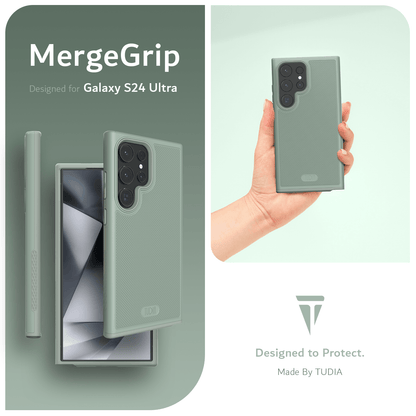 MergeGrip Designed for Galaxy S24 Ultra. Designed to Protect. Made by TUDIA.  Images include a person holding up the Galaxy S24 Ultra equipped with the Light Green Phone Case.